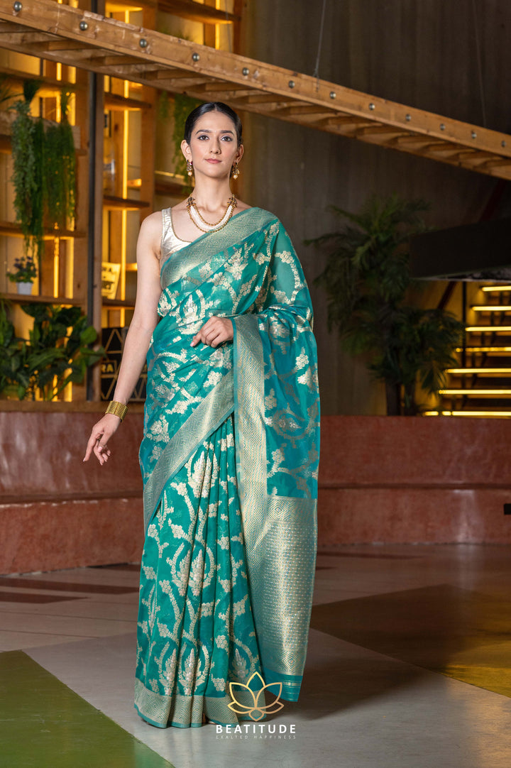 Beatitude Green Gold-Toned Zari Organza Saree with Unstitched Blouse