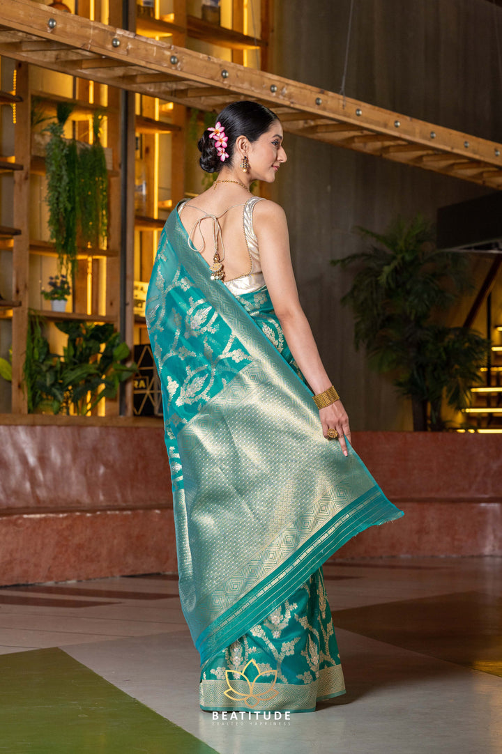 Beatitude Green Gold-Toned Zari Organza Saree with Unstitched Blouse