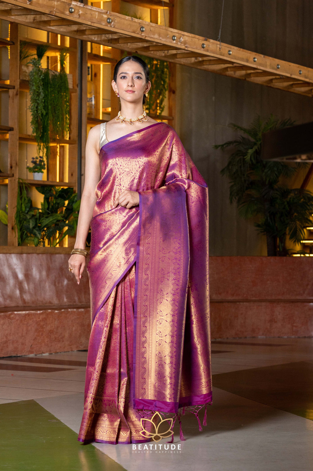 Beatitude Purple Gold-Toned Ethnic Motifs Kanjeevaram Saree with Unstitched Blouse