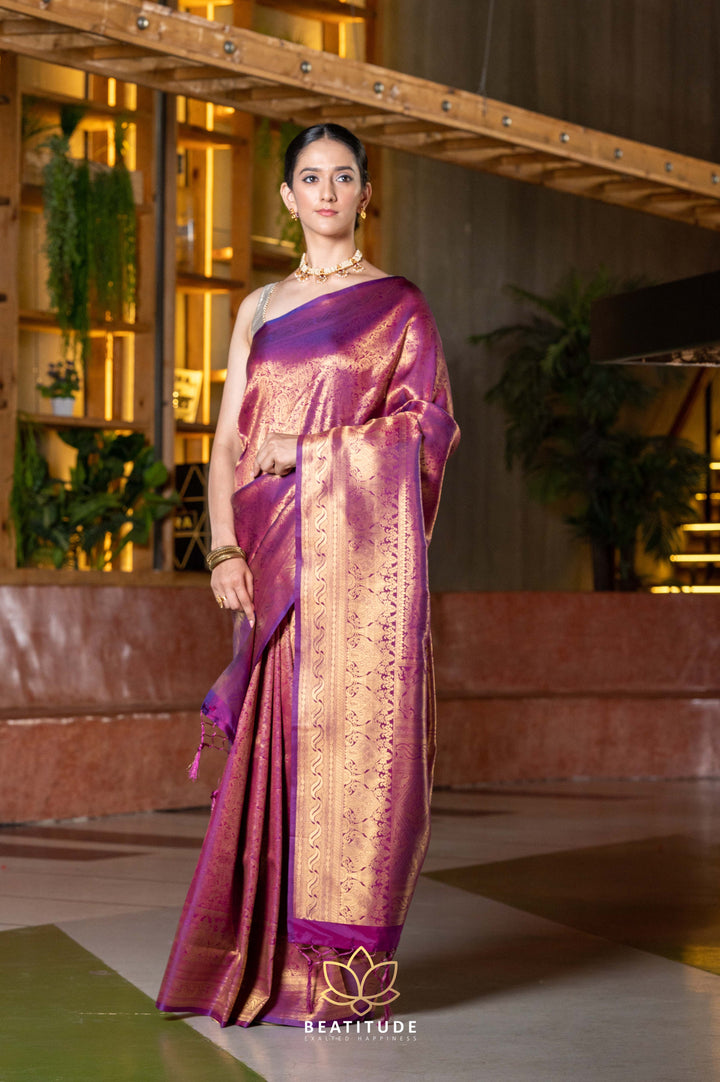 Beatitude Purple Gold-Toned Ethnic Motifs Kanjeevaram Saree with Unstitched Blouse