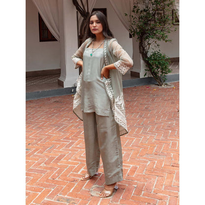 House Of Muher Mahnoor Grey Jacket Set (Set of 3)