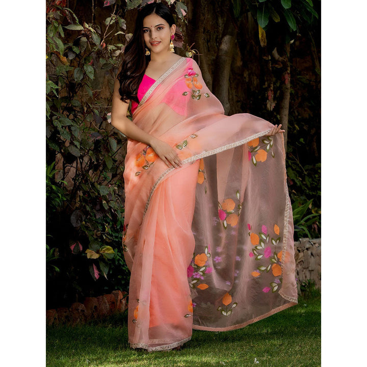 HOUSE OF JAMOTI Peach Handpainted Organza Saree with Unstitched Blouse