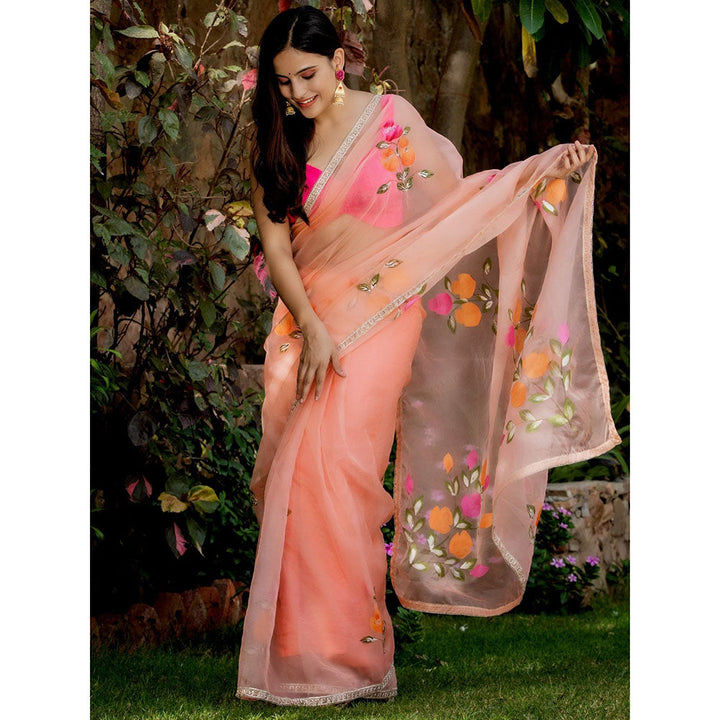 HOUSE OF JAMOTI Peach Handpainted Organza Saree with Unstitched Blouse