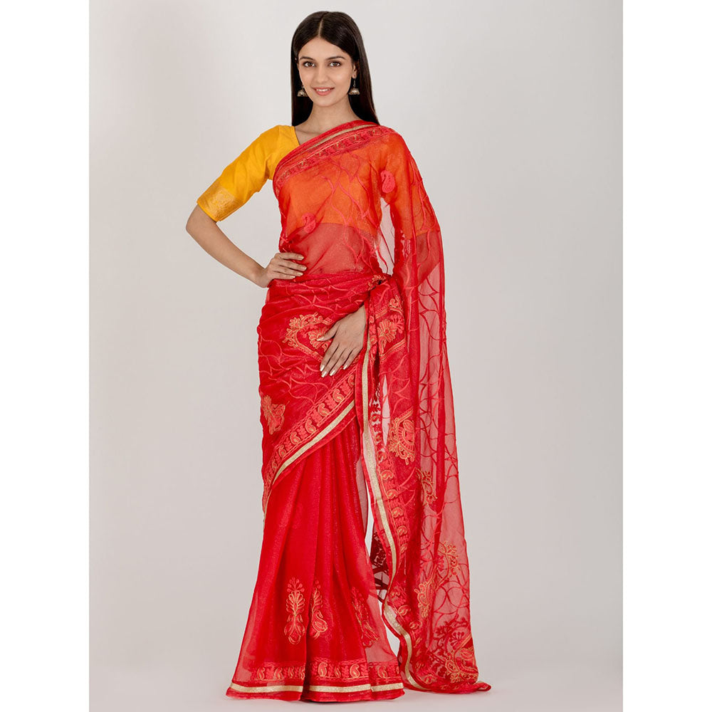 HOUSE OF JAMOTI Red Traditional Motif Saree with Unstitched Blouse