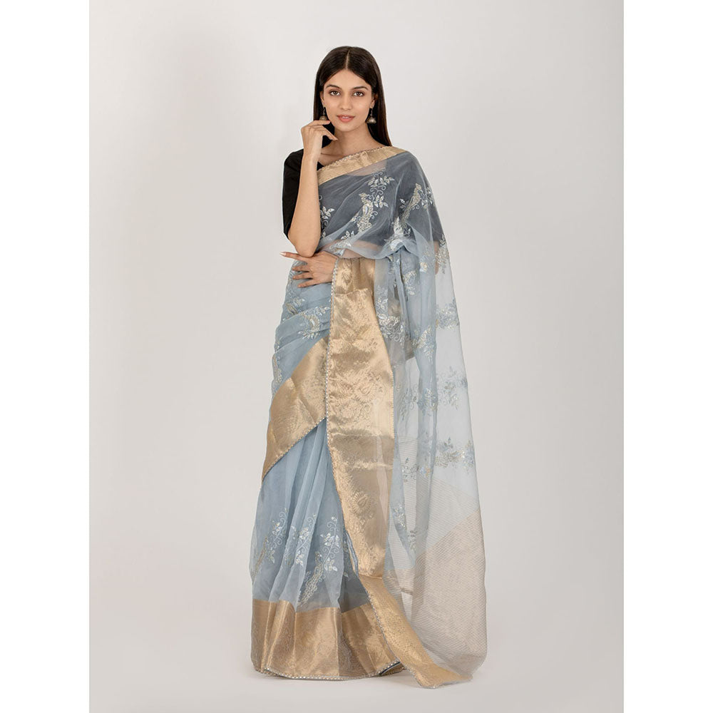 HOUSE OF JAMOTI Peacock Midnight Grey Saree with Unstitched Blouse
