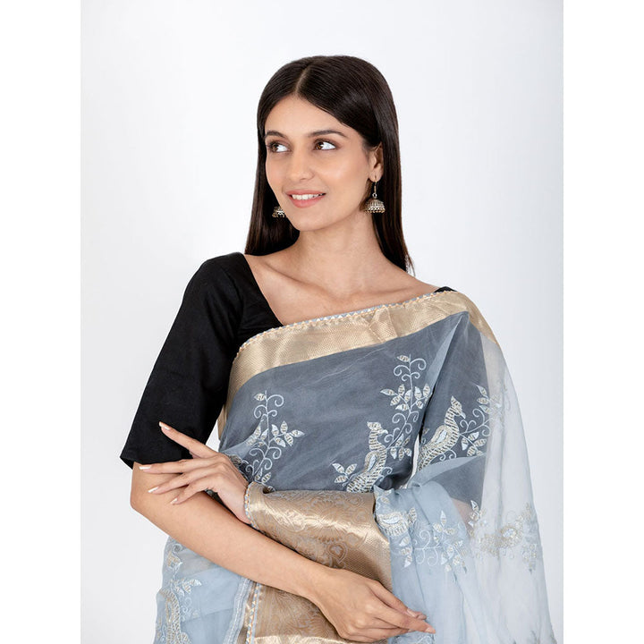 HOUSE OF JAMOTI Peacock Midnight Grey Saree with Unstitched Blouse