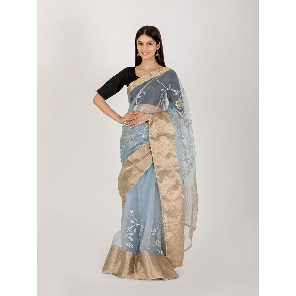 HOUSE OF JAMOTI Platinum Rose Organza Saree with Unstitched Blouse