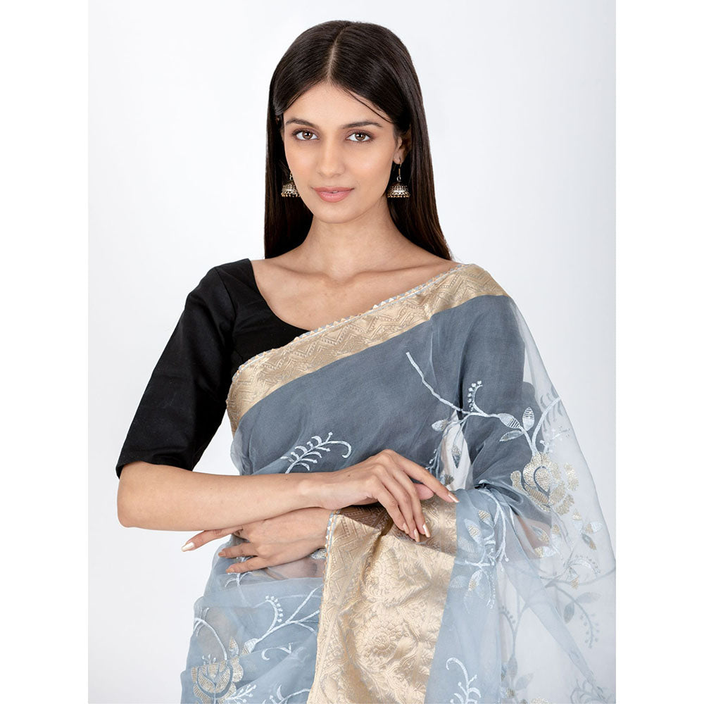 HOUSE OF JAMOTI Platinum Rose Organza Saree with Unstitched Blouse
