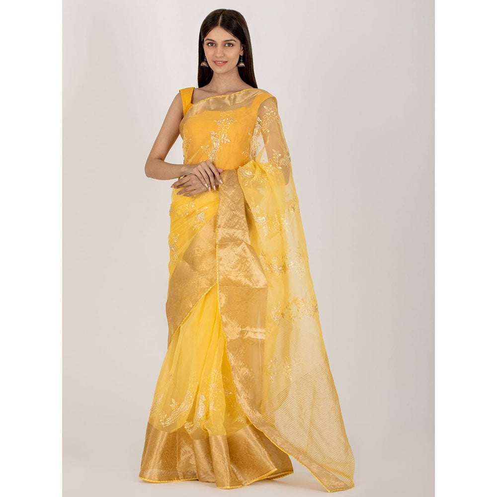 HOUSE OF JAMOTI Peacock Midnight Yellow Saree with Unstitched Blouse