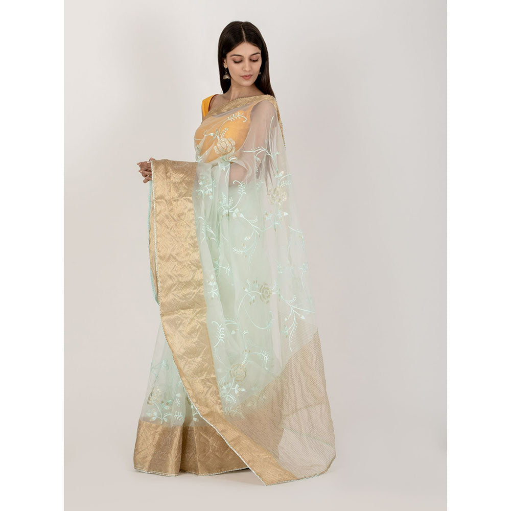 HOUSE OF JAMOTI Light Blue Rose Organza Saree with Unstitched Blouse