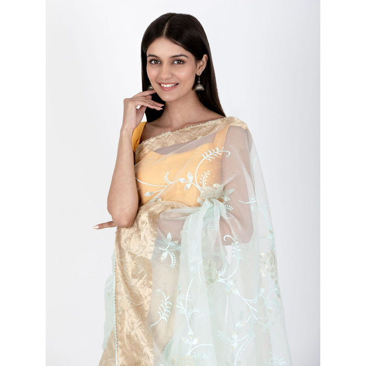 HOUSE OF JAMOTI Light Blue Rose Organza Saree with Unstitched Blouse