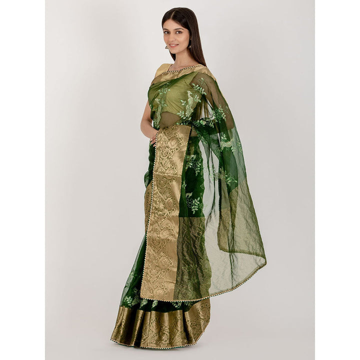 HOUSE OF JAMOTI Peacock Midnight Green Saree with Unstitched Blouse