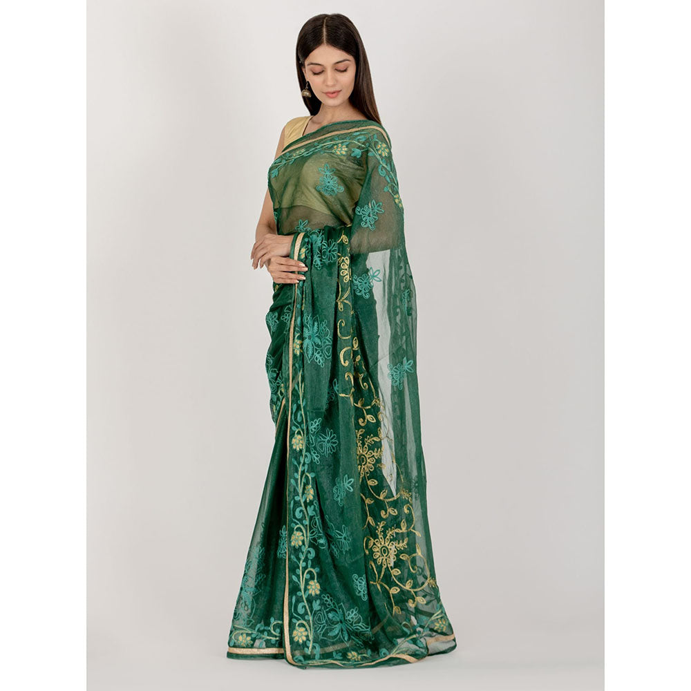 HOUSE OF JAMOTI Sweet Pine Green Saree with Unstitched Blouse