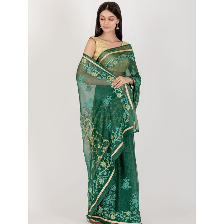 HOUSE OF JAMOTI Sweet Pine Green Saree with Unstitched Blouse