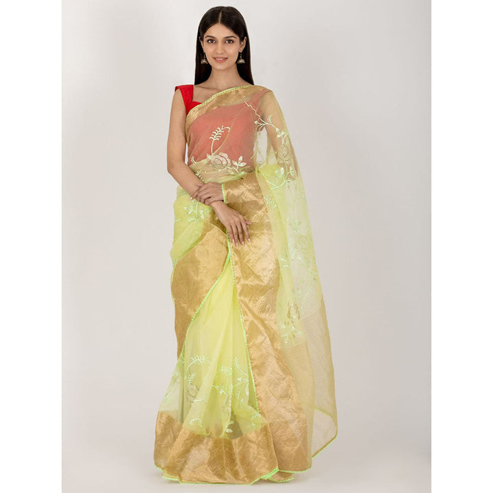 HOUSE OF JAMOTI Lime Green Rose Organza Saree with Unstitched Blouse