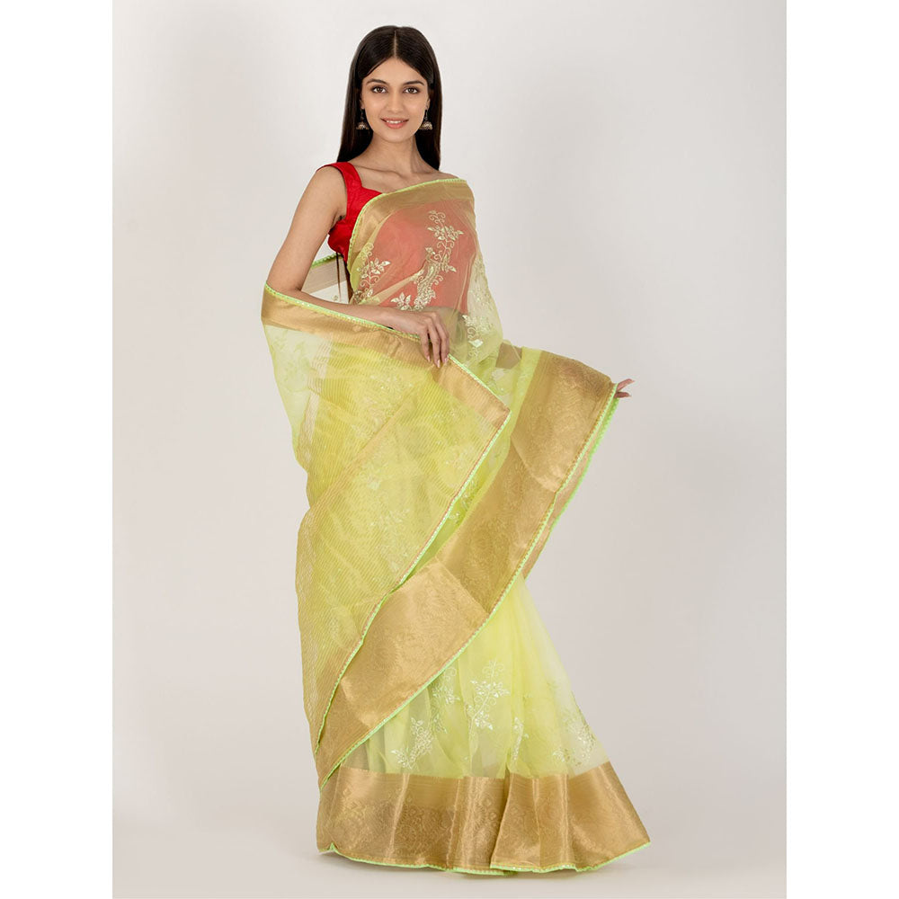 HOUSE OF JAMOTI Peacock Midnight Lime Green Saree with Unstitched Blouse