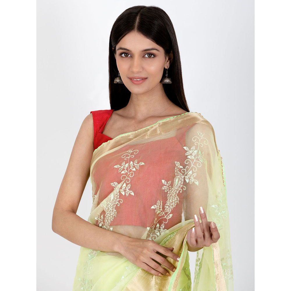 HOUSE OF JAMOTI Peacock Midnight Lime Green Saree with Unstitched Blouse