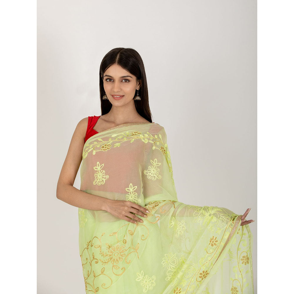 HOUSE OF JAMOTI Sweet Lime Green Saree with Unstitched Blouse