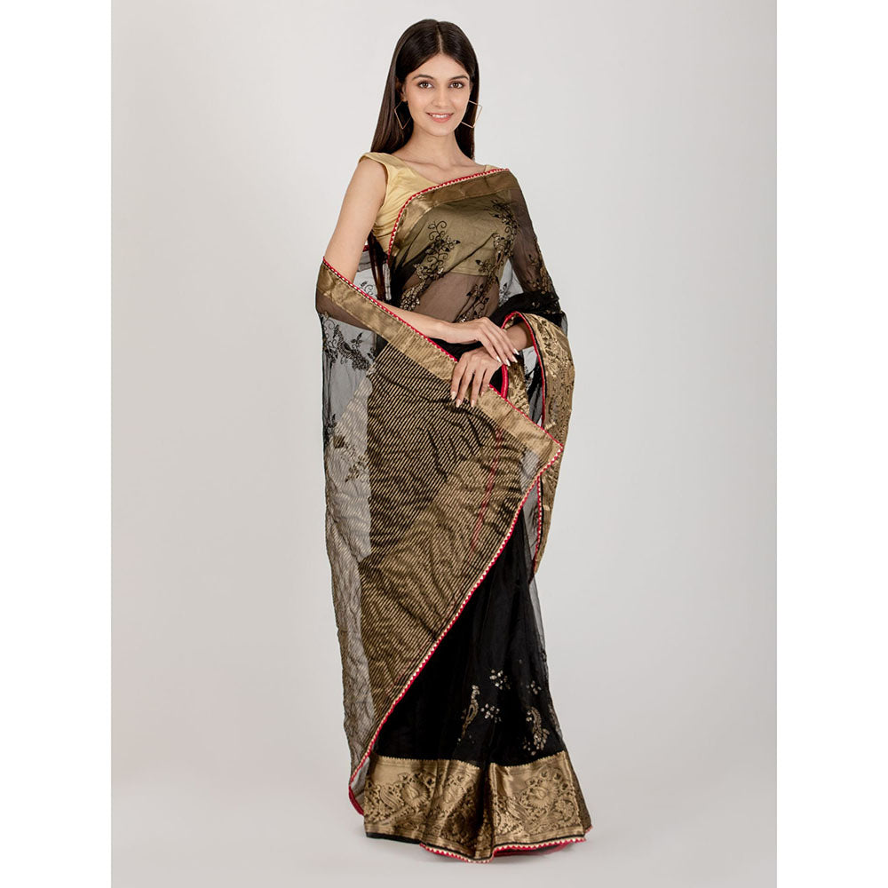 HOUSE OF JAMOTI Peacock Midnight Black Saree with Unstitched Blouse