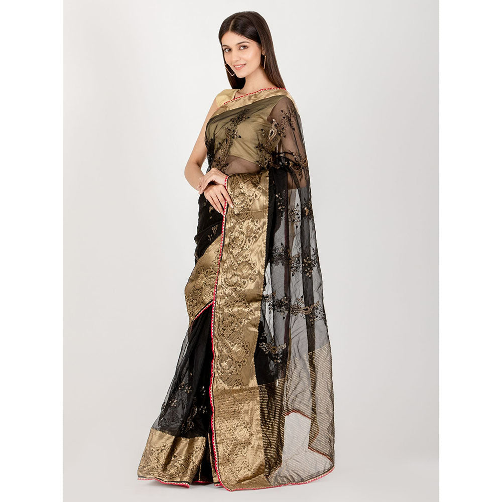 HOUSE OF JAMOTI Peacock Midnight Black Saree with Unstitched Blouse