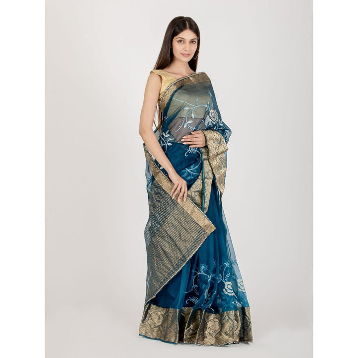 HOUSE OF JAMOTI Prussian Rose Organza Saree with Unstitched Blouse