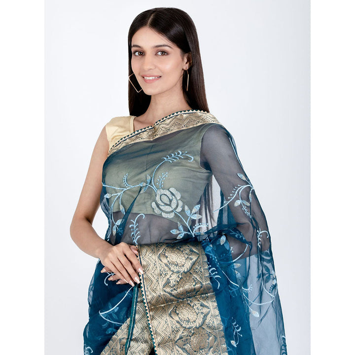 HOUSE OF JAMOTI Prussian Rose Organza Saree with Unstitched Blouse