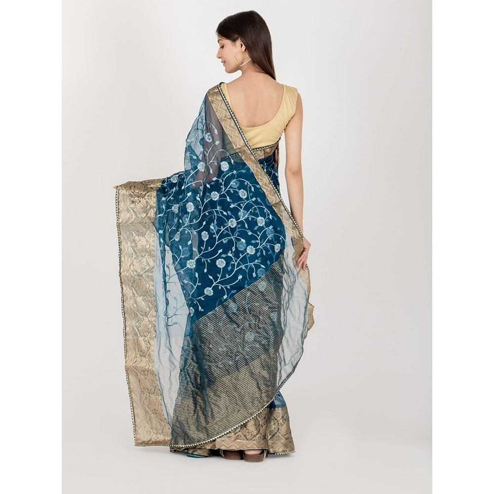 HOUSE OF JAMOTI Prussian Floweret Organza Saree with Unstitched Blouse