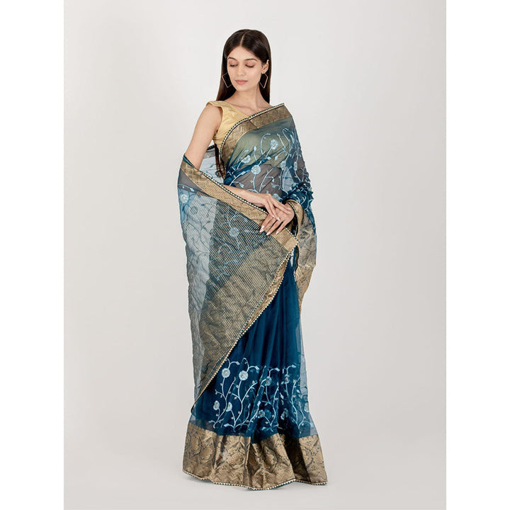 HOUSE OF JAMOTI Prussian Floweret Organza Saree with Unstitched Blouse
