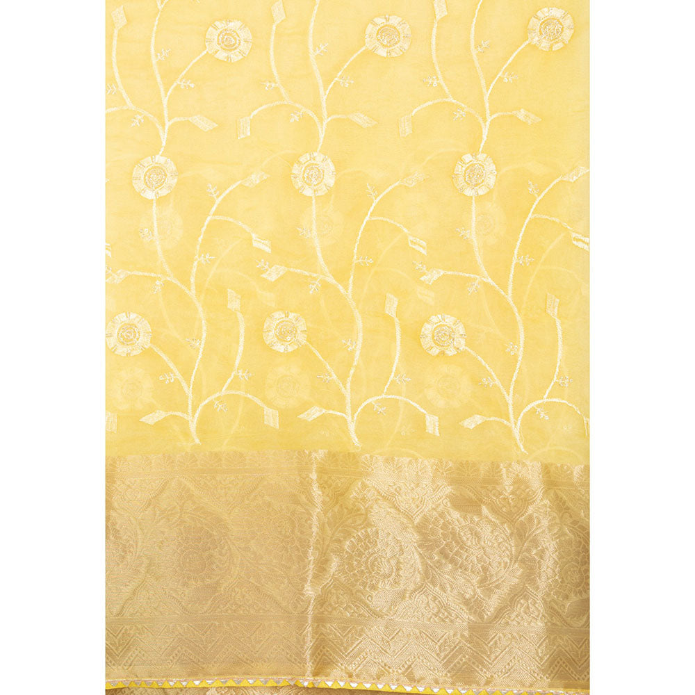 HOUSE OF JAMOTI Sunbeam Yellow Floweret Organza Saree with Unstitched Blouse