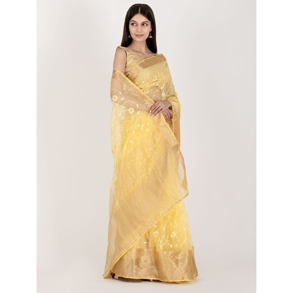 HOUSE OF JAMOTI Sunbeam Yellow Floweret Organza Saree with Unstitched Blouse
