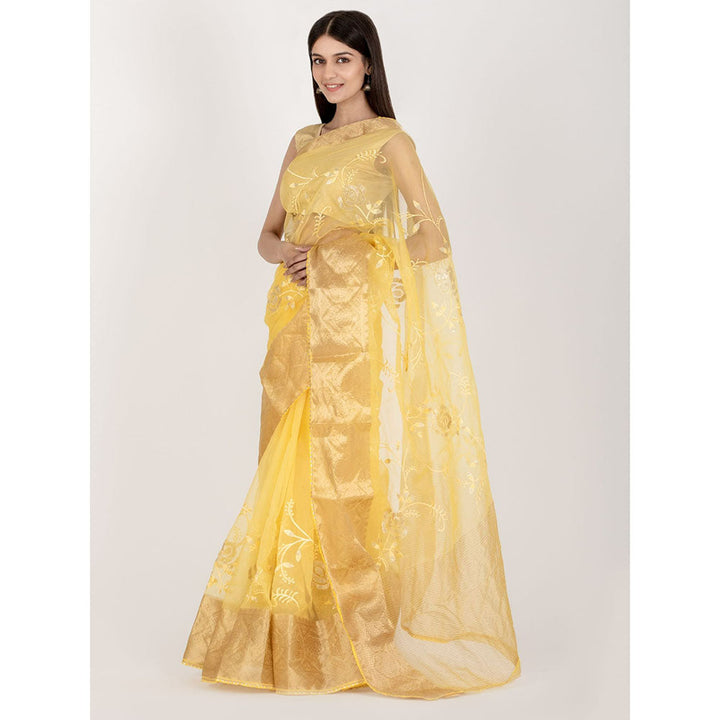 HOUSE OF JAMOTI Yellow Rose Organza Saree with Unstitched Blouse