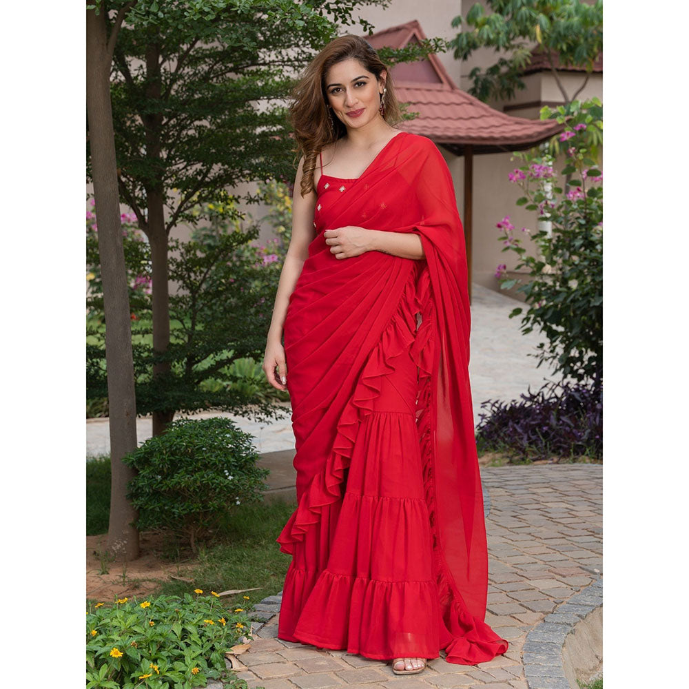 Ruffle Saree In Red – Shriya Singhi Label