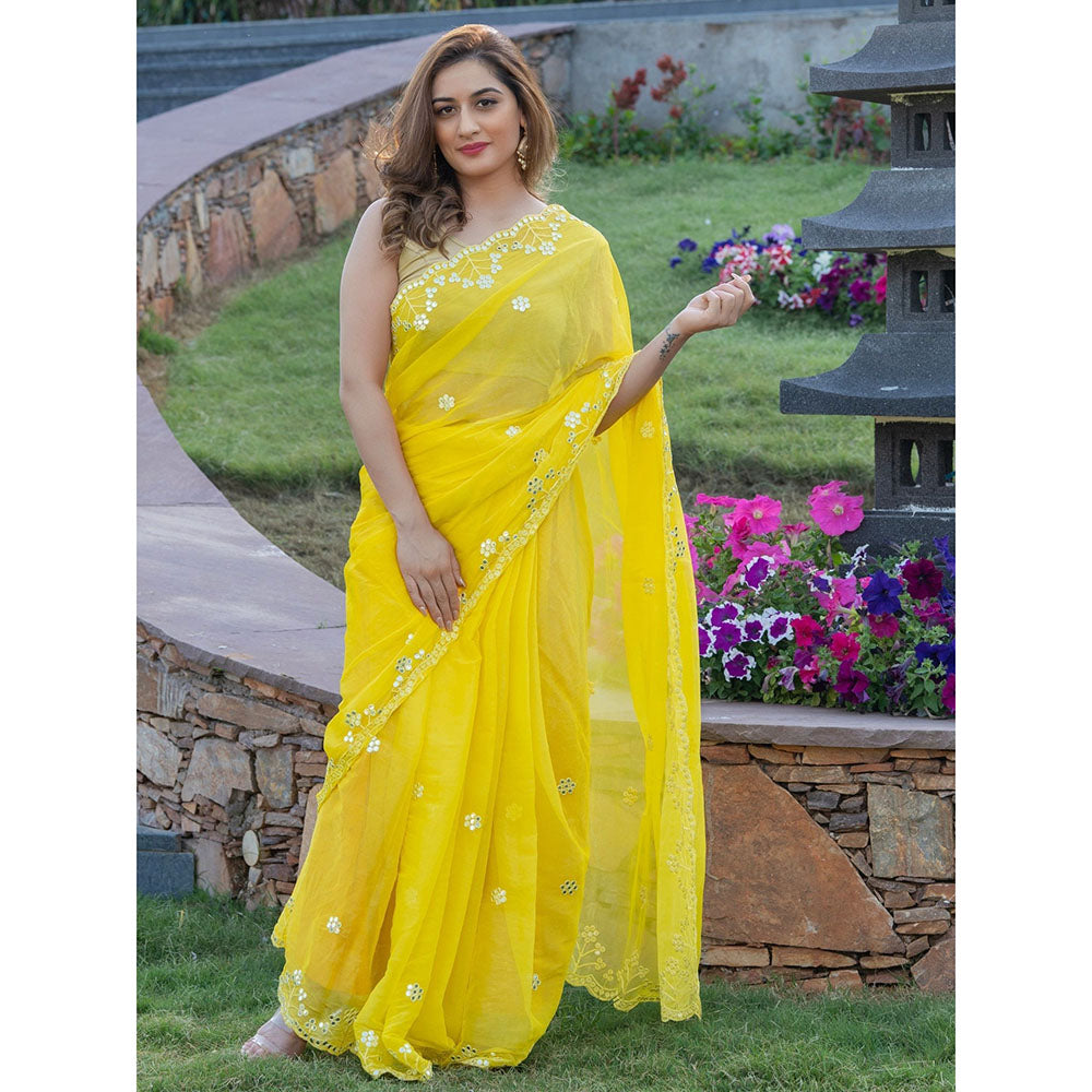 HOUSE OF JAMOTI Sunflower Yellow Mirror Work Saree with Unstitched Blouse