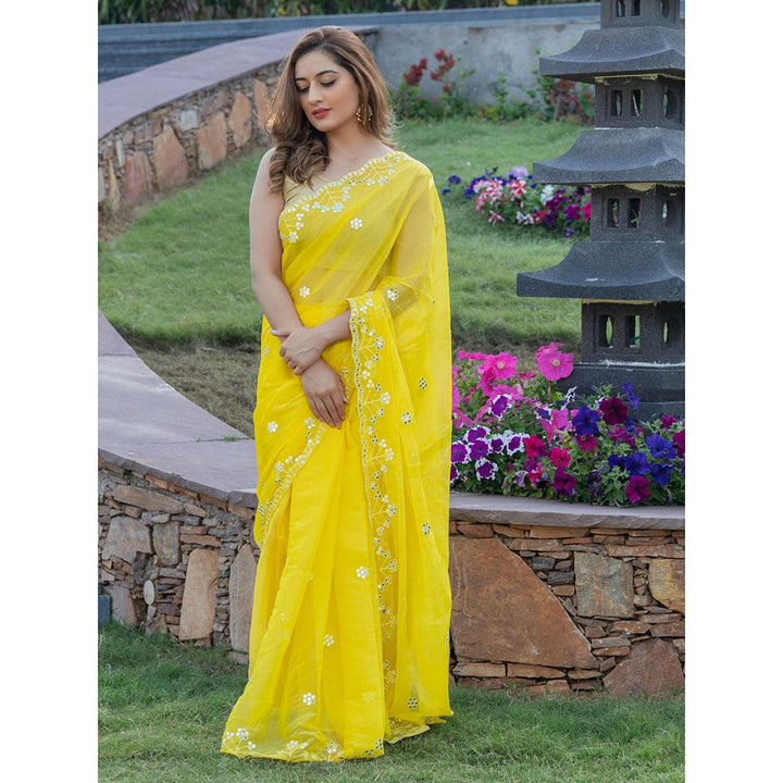 HOUSE OF JAMOTI Sunflower Yellow Mirror Work Saree with Unstitched Blouse