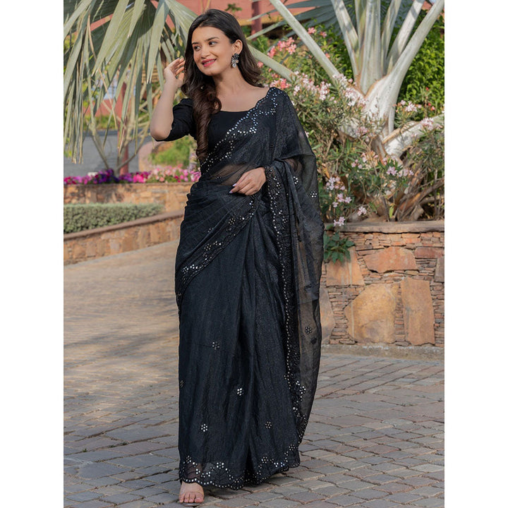 HOUSE OF JAMOTI Raven Black Mirror Work Saree with Unstitched Blouse