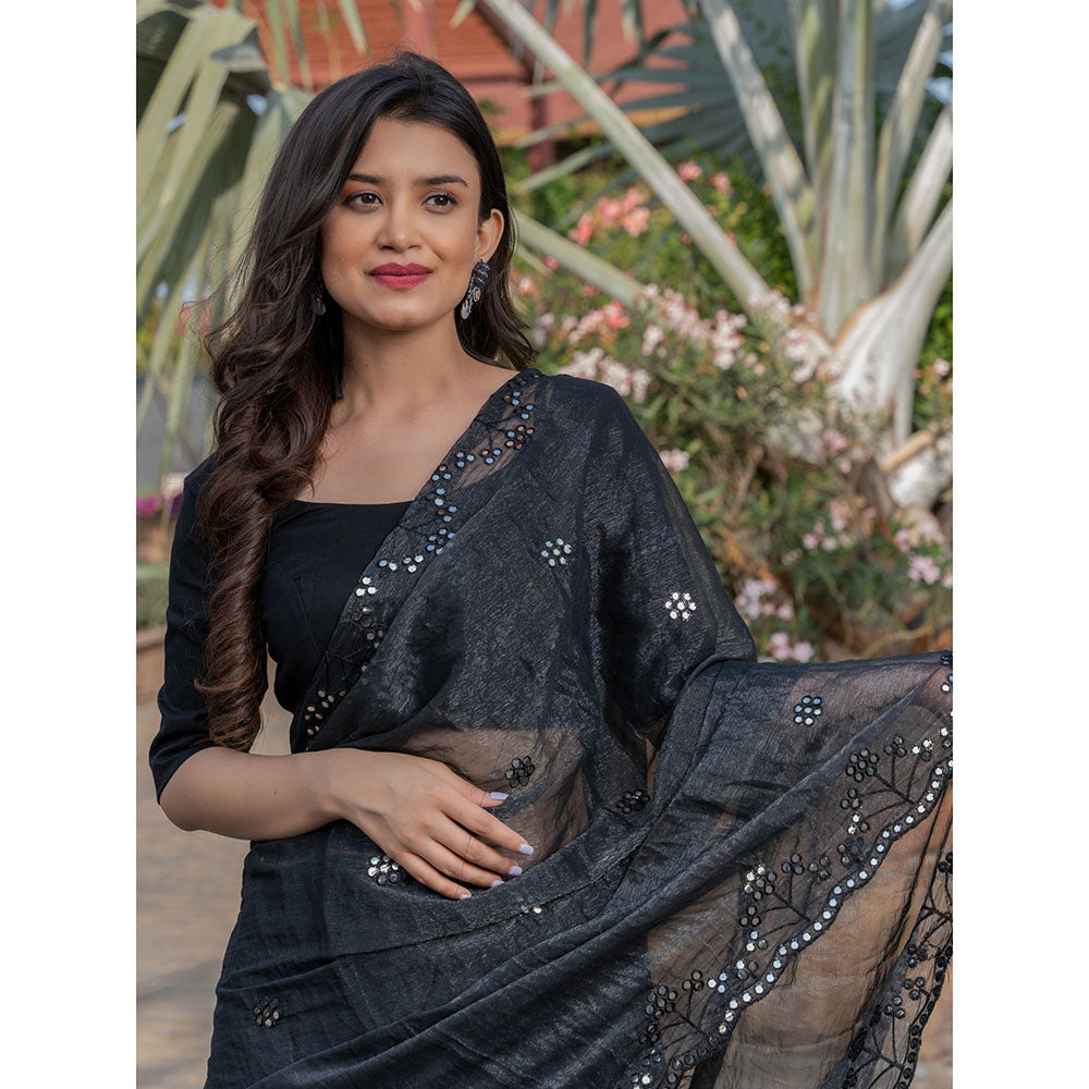 HOUSE OF JAMOTI Raven Black Mirror Work Saree with Unstitched Blouse