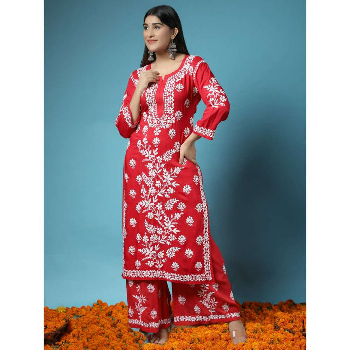 HOUSE OF KARI Hand Embroidery Chikankari CO-ORD for Women In Red (Set of 2)