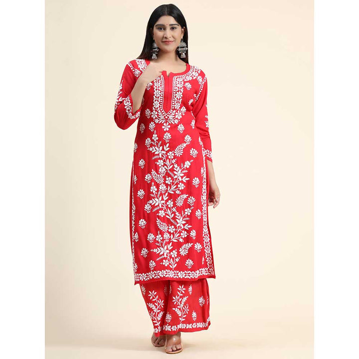 HOUSE OF KARI Hand Embroidery Chikankari CO-ORD for Women In Red (Set of 2)