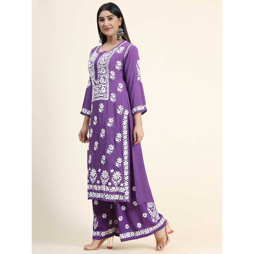 HOUSE OF KARI Hand Embroidery Chikankari CO-ORD for Women In Purple (Set of 2)