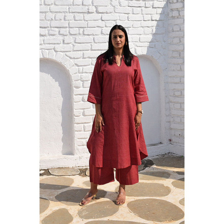 HOUSE OF MOXA Handwoven Checks Maroon Kurta and Wide-Legged Pyjama (Set of 2)