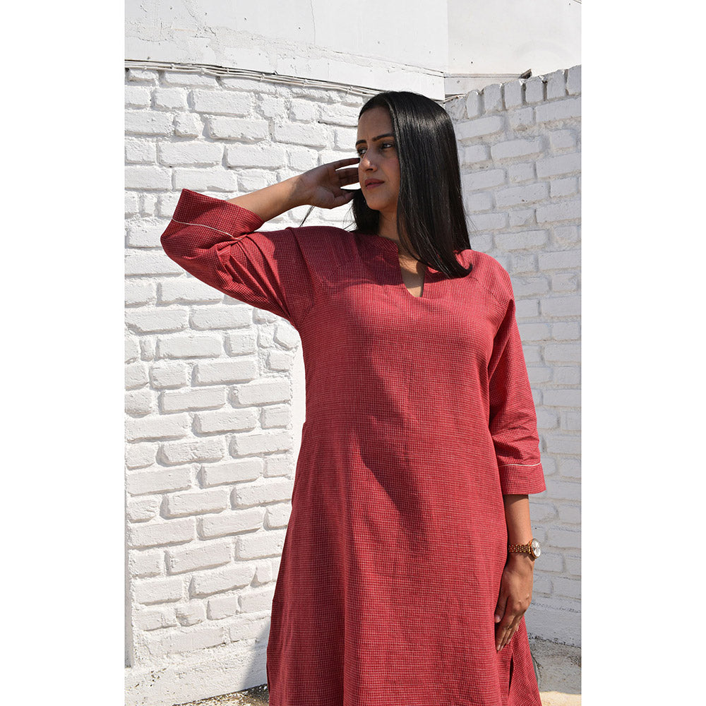 HOUSE OF MOXA Handwoven Checks Maroon Kurta and Wide-Legged Pyjama (Set of 2)