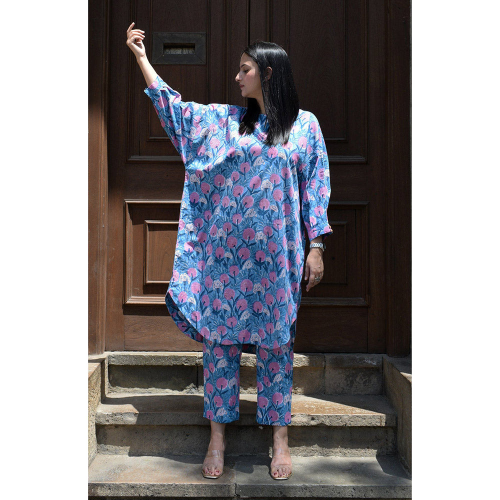 HOUSE OF MOXA Blue Hand block printed Antifit co-ord set (Set of 2)