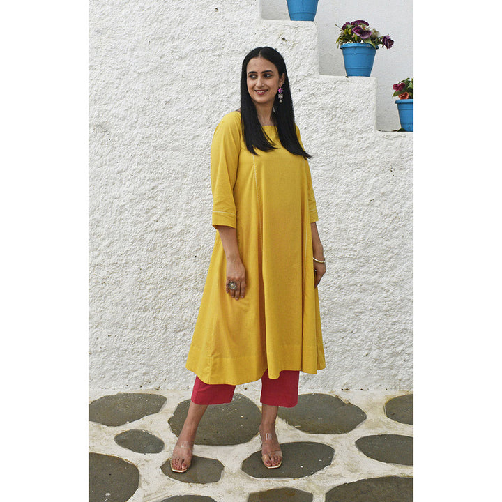 HOUSE OF MOXA Yellow Flared Cotton Kurta with Square Neck