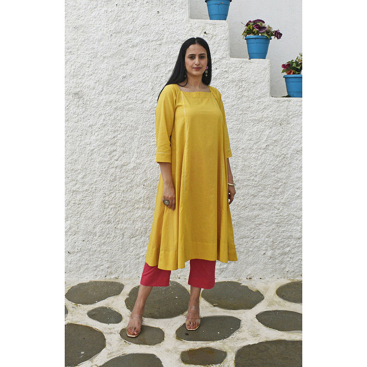 HOUSE OF MOXA Yellow Flared Cotton Kurta with Square Neck