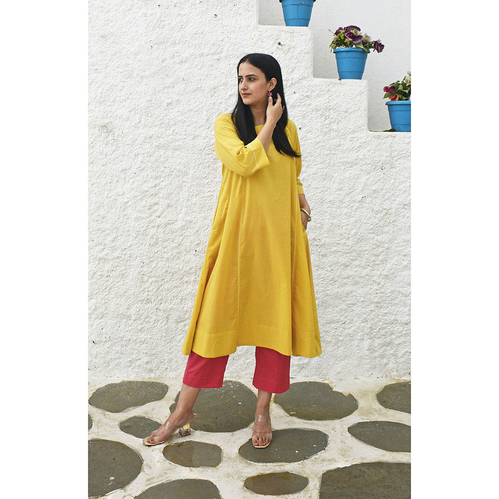 HOUSE OF MOXA Yellow Flared Cotton Kurta with Square Neck