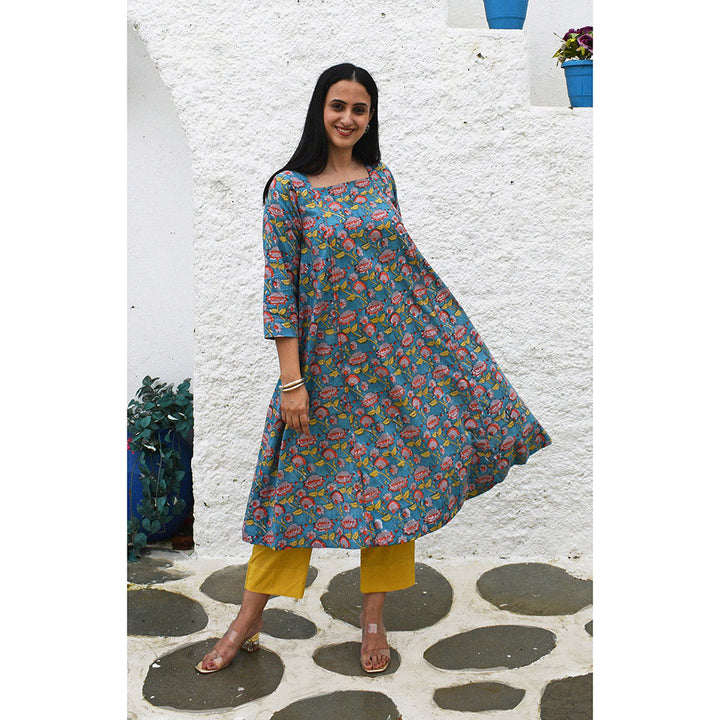 HOUSE OF MOXA Blue Block Printed Flared Cotton Kurta with Square Neck