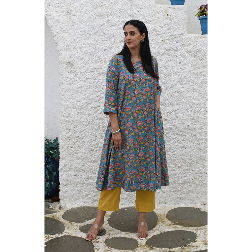HOUSE OF MOXA Blue Block Printed Flared Cotton Kurta with Square Neck