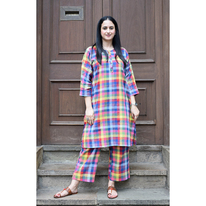 HOUSE OF MOXA Multicolor Checks Kala Cotton Kurta With Round Neck