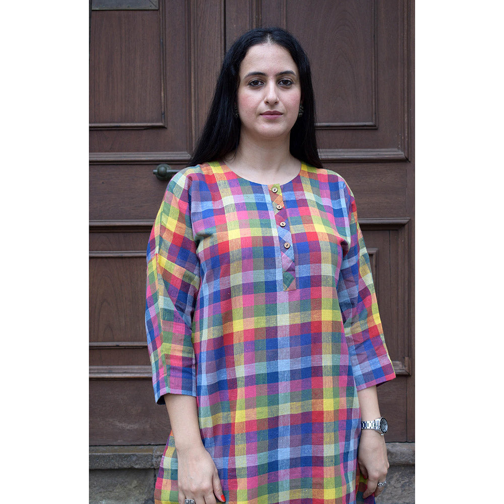 HOUSE OF MOXA Multicolor Checks Kala Cotton Kurta With Round Neck