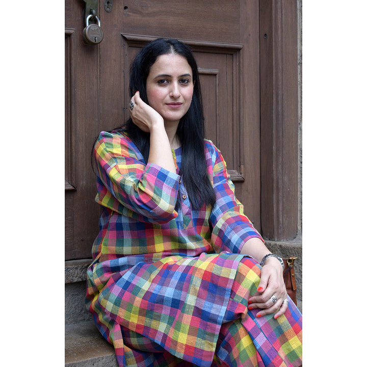 HOUSE OF MOXA Multicolor Checks Kala Cotton Kurta With Round Neck